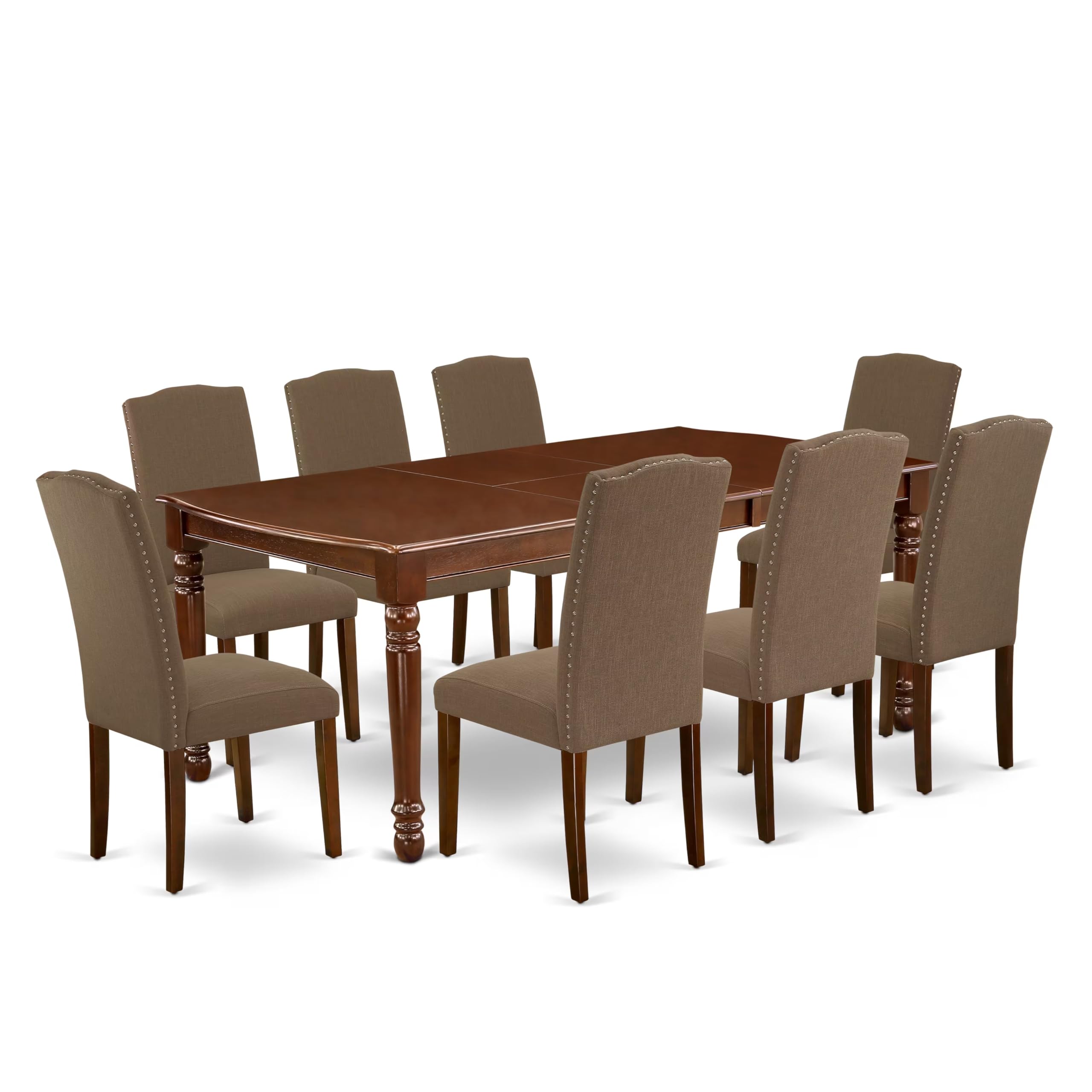 East West Furniture Doen9-Mah-18 9 Piece Dining Set Includes A Rectangle Dining Room Table With Butterfly Leaf And 8 Dark Coffee Linen Fabric Upholstered Chairs, 42X78 Inch, Mahogany